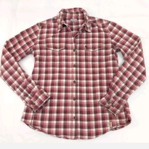 Sz Small CARHARTT Brown & Pink Plaid Women's Flannel Shirt Snap Up 100% Cotton